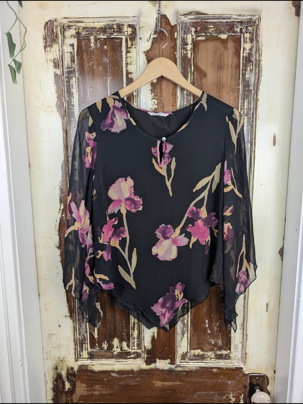 Vintage 90s Edward Floral Silk Blouse Size M Whimsigoth Bell Sleeves Witchy Fest